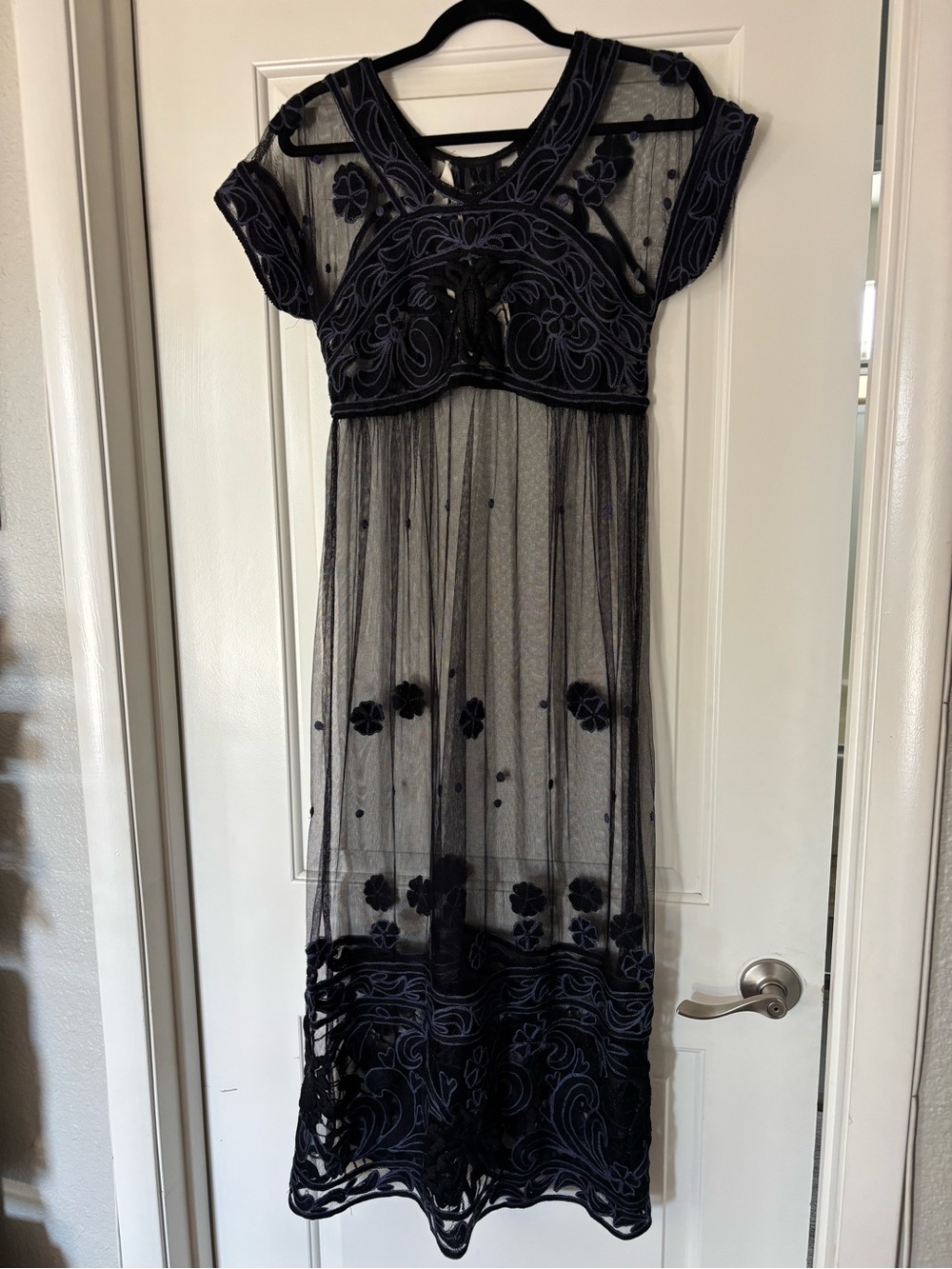 Chasing Unicorns NWT beaded tulle dress black and blue floral sheer cloudy day e